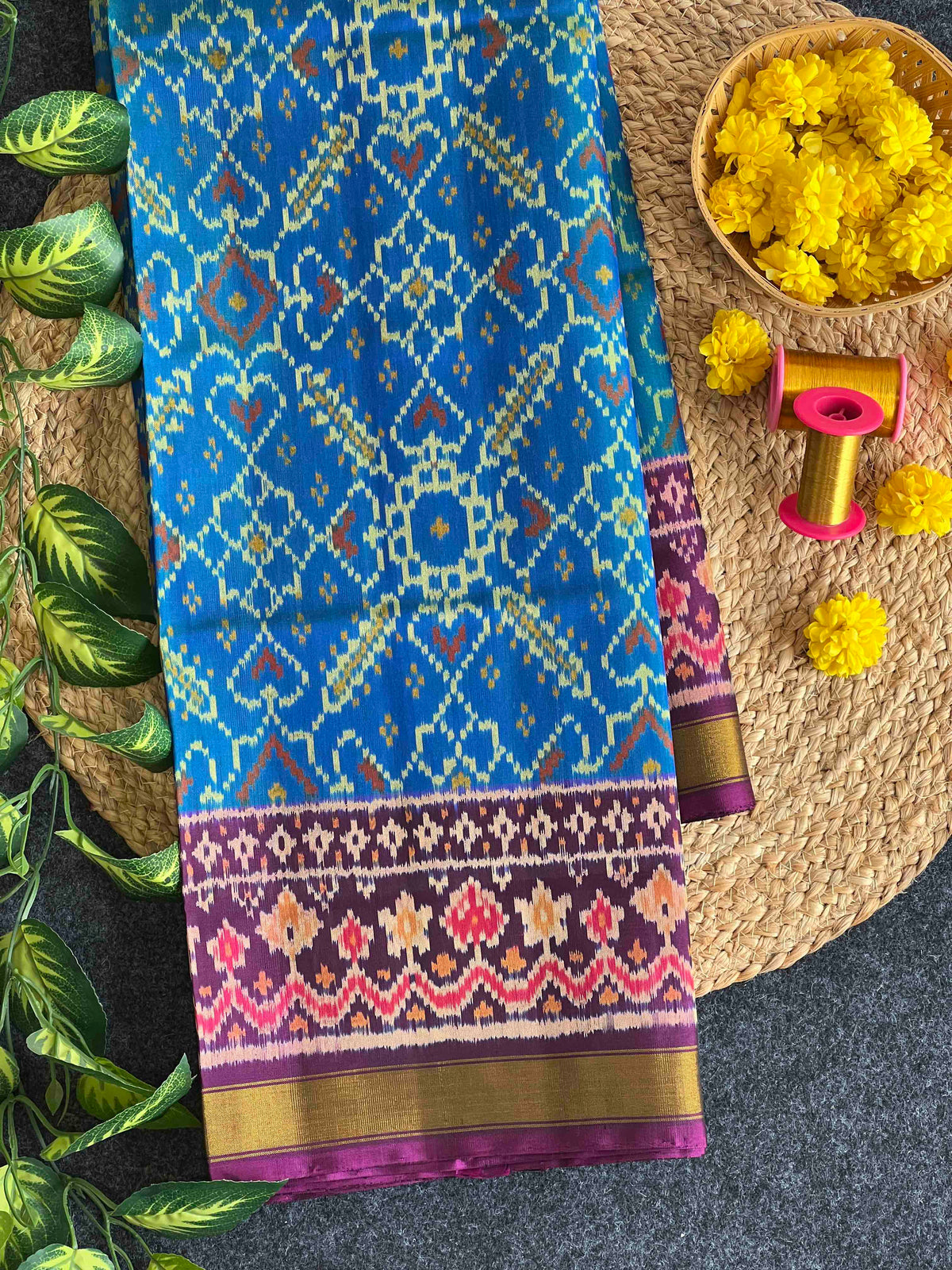 Sky Blue With Purple Manekchok Design Hand Woven Rajkot Patola Silk Saree