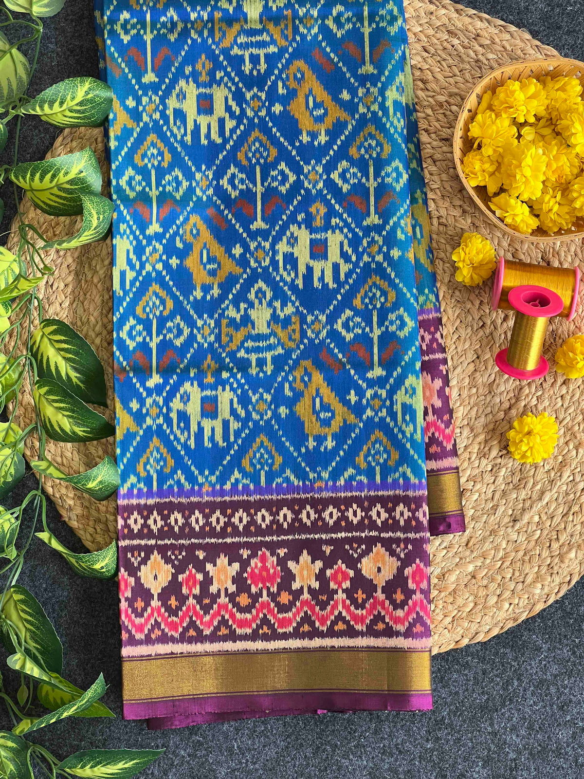 Sky Blue With Purple Narikunj Design Hand Woven Rajkot Patola Silk Saree