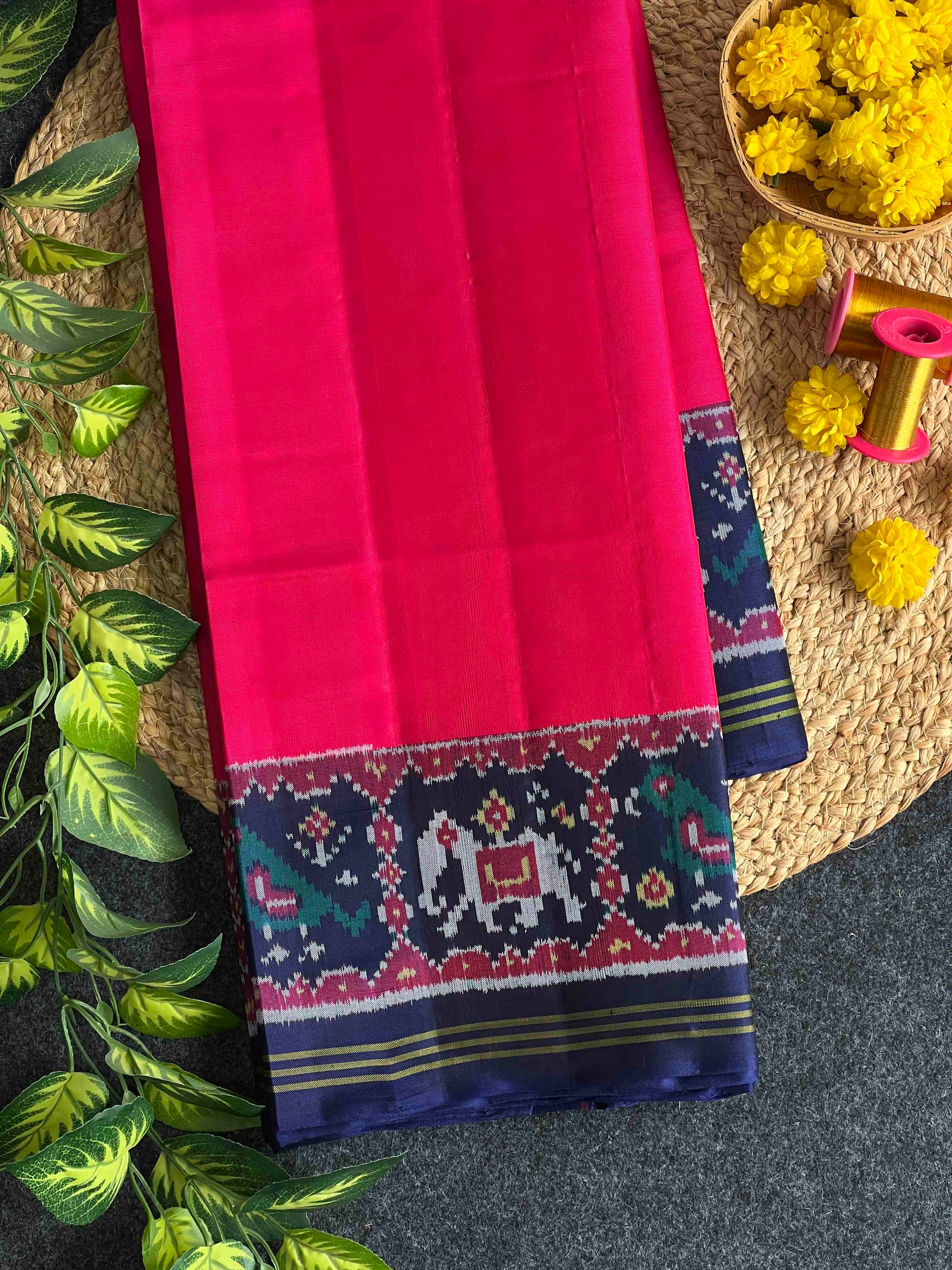 Pink & Blue Narikunj Hand Woven Rajkot Ikat Patola Silk Saree