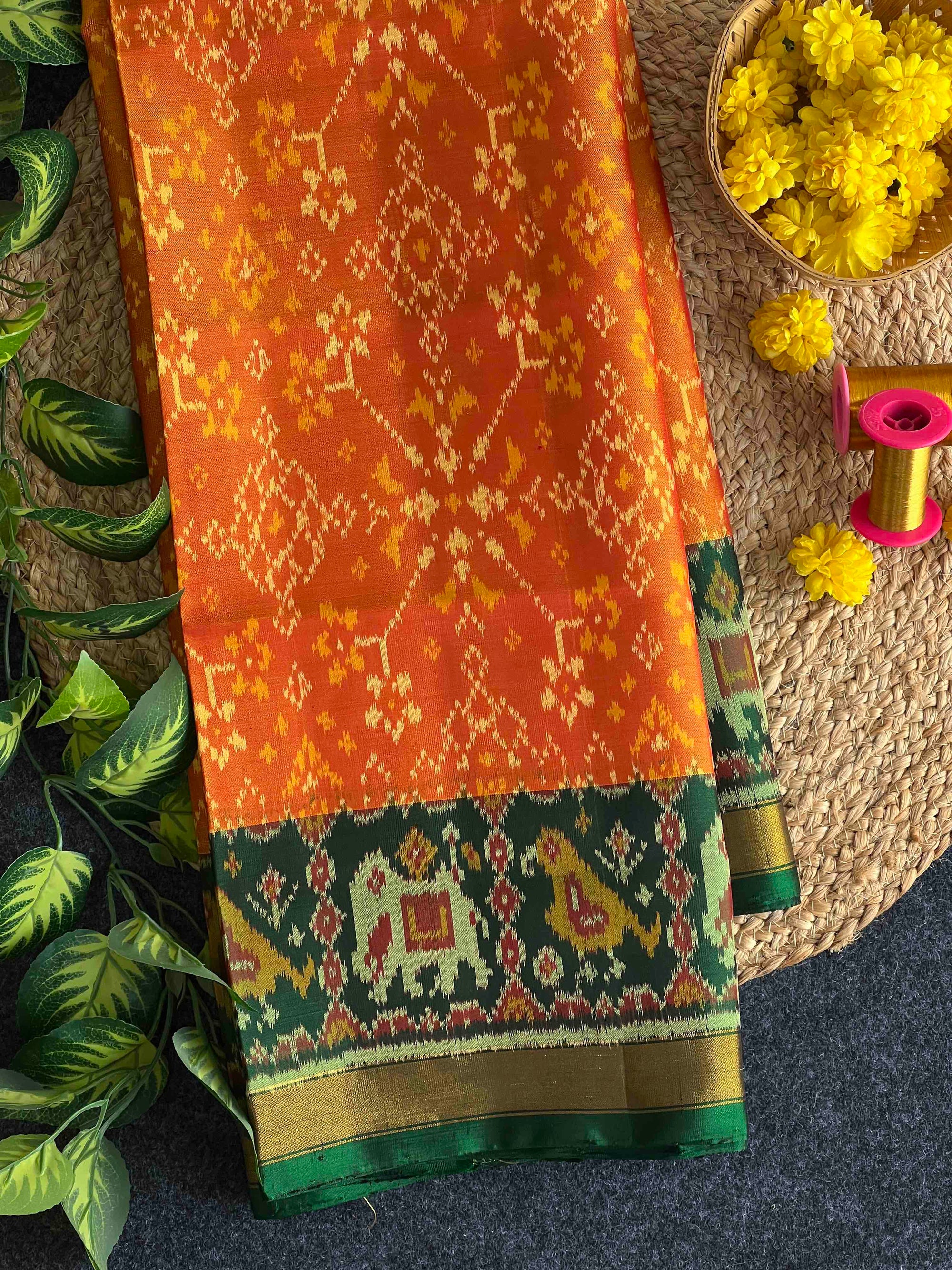 Yellow & Green Navratan Hand Woven Rajkot Patola Silk Saree