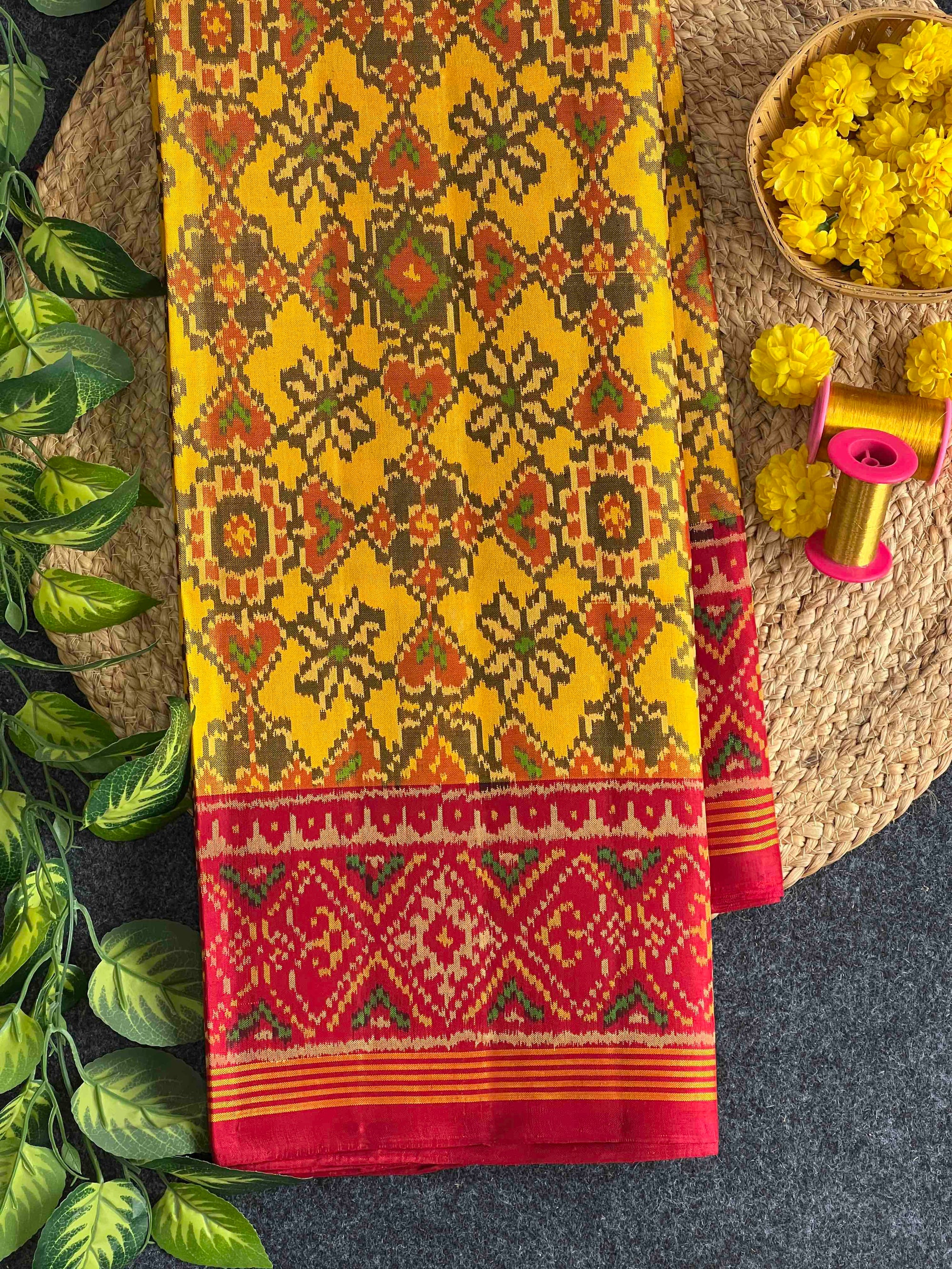 Yellow & Red Manekchok Hand Woven Rajkot Ikat Patola Silk Saree