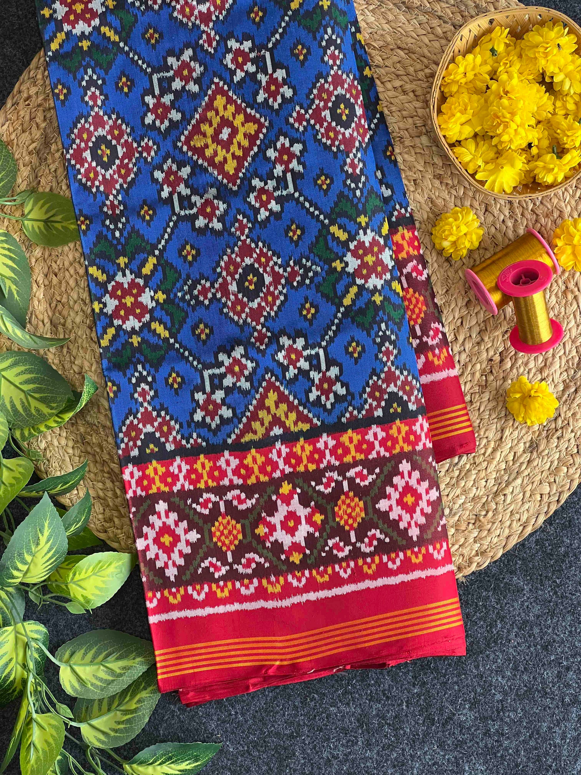 Blue & Red Navratan Hand Woven Rajkot Ikat Patola Silk Saree