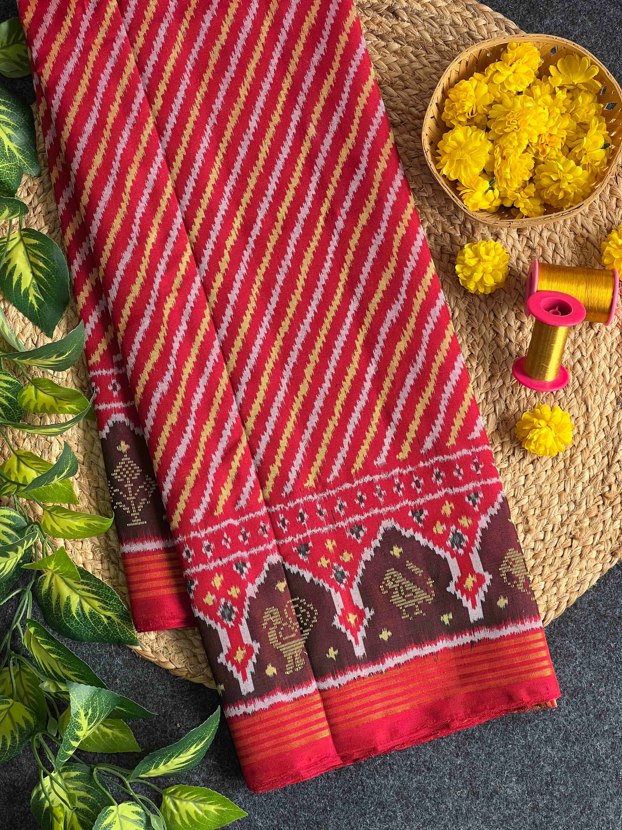 Red Laheriya With 5 Figure Zari Work Hand Woven Rajkot Ikat Patola Silk Saree