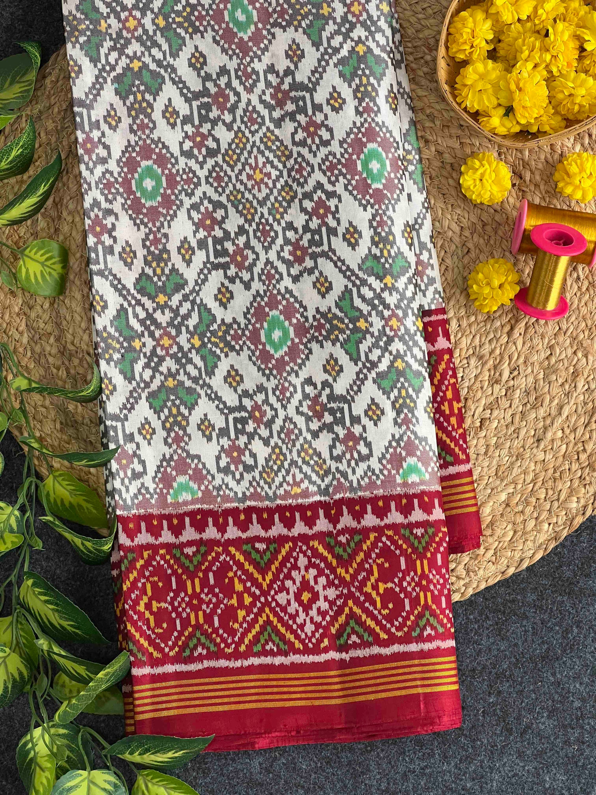 White With Red Navratan Hand Woven Rajkot Ikat Patola Silk Saree