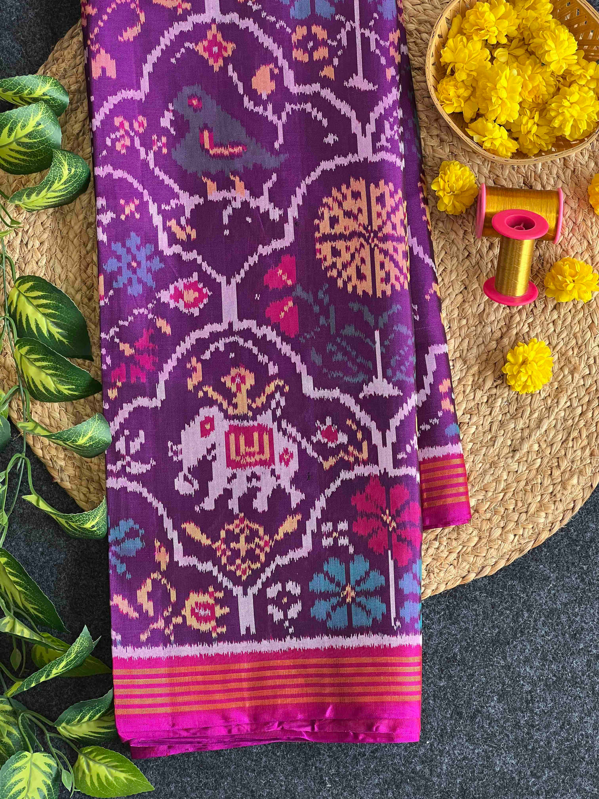 Purple And Pink Big Motifs Design Hand Woven Rajkot Ikat Patola Silk Saree