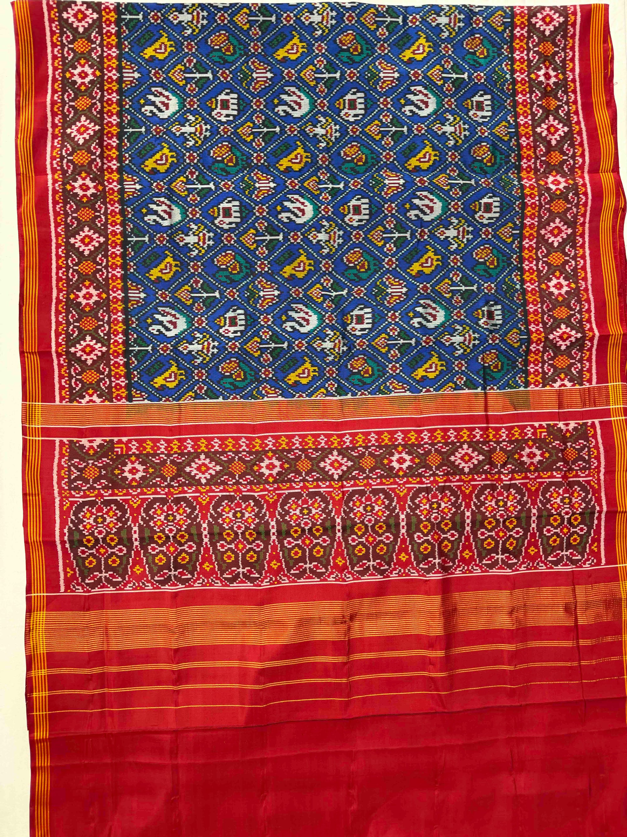 Blue And Red  Narikunj Design Hand Woven Rajkot Ikat Patola Silk Saree
