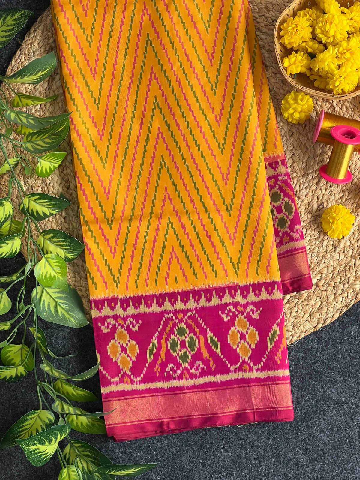 Yellow & Pink Laheriya Design Hand Woven Rajkot Patola Silk Saree