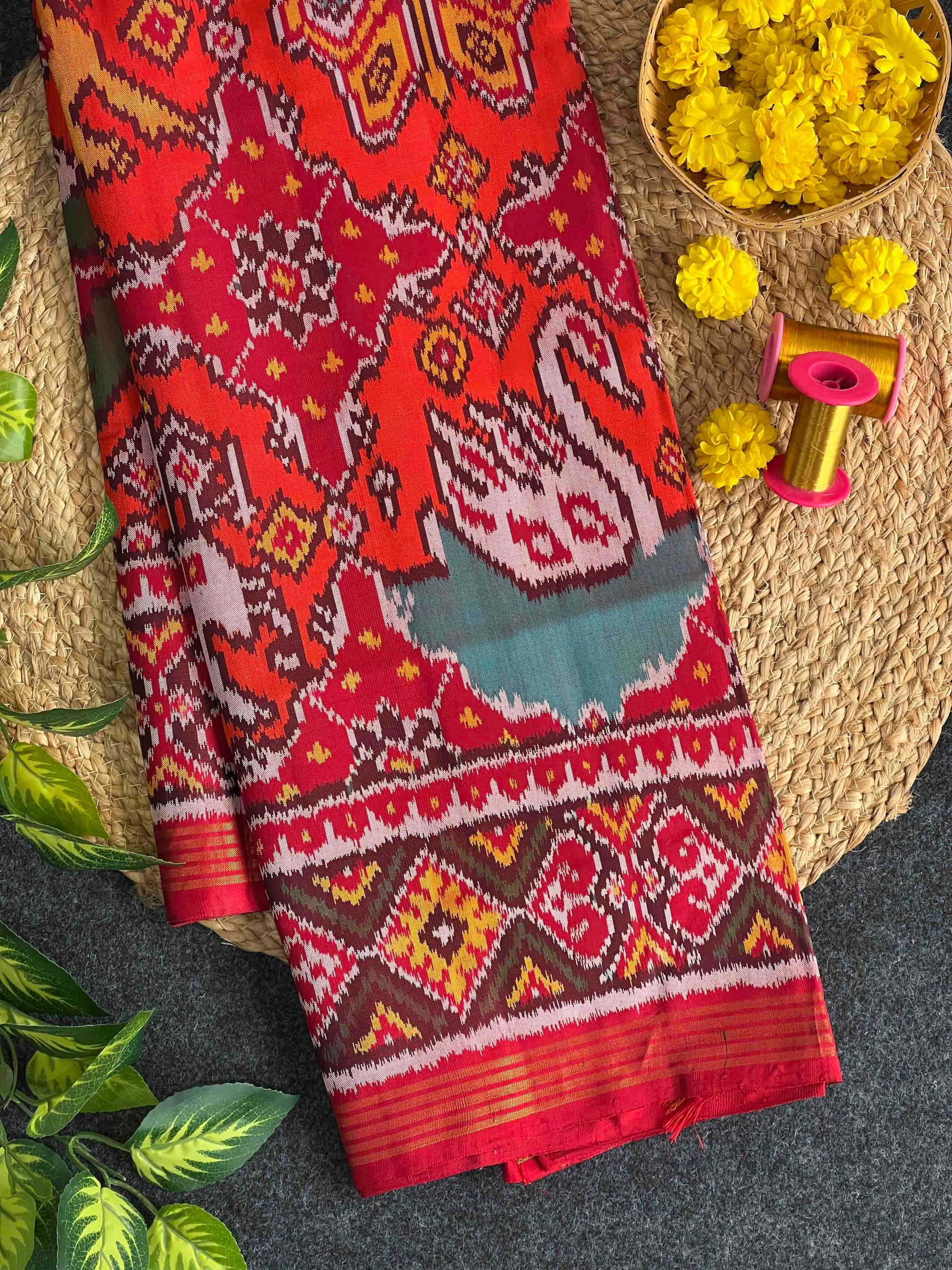 Orange With Red Chabdi Bhat Hand Woven Rajkot Ikat Patola Silk Saree