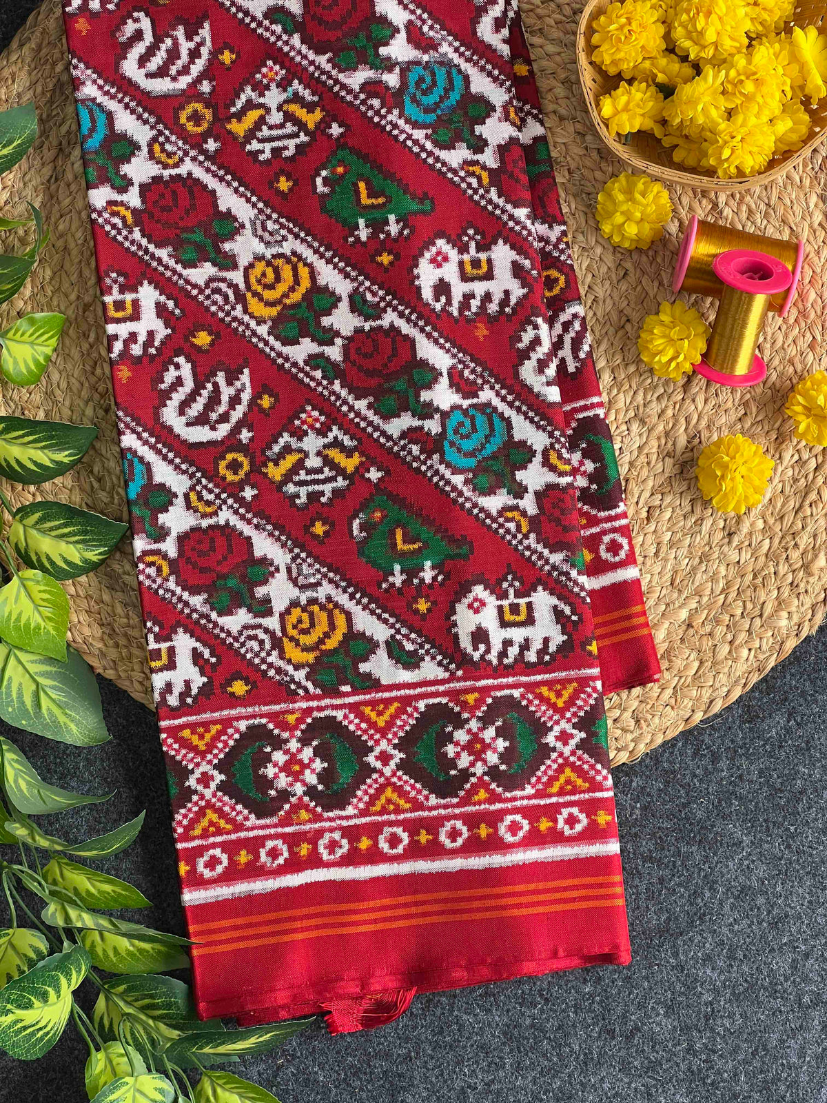 Red & White Laheriya Design Pure Hand Woven Double Ikat Patola Silk Saree