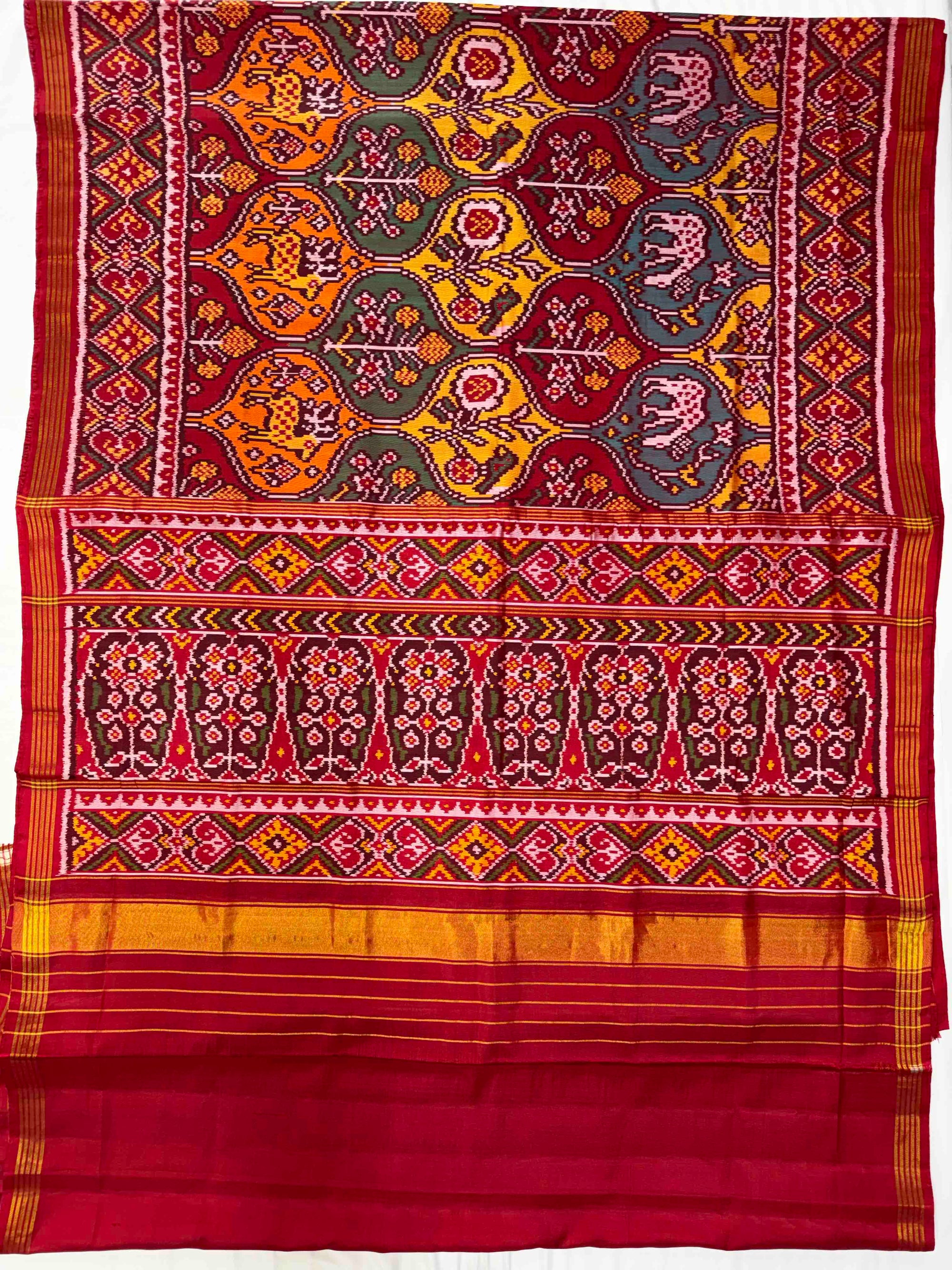 Red & Big Multi Color Motifs Design Rajkot Ikat Patola Silk Saree