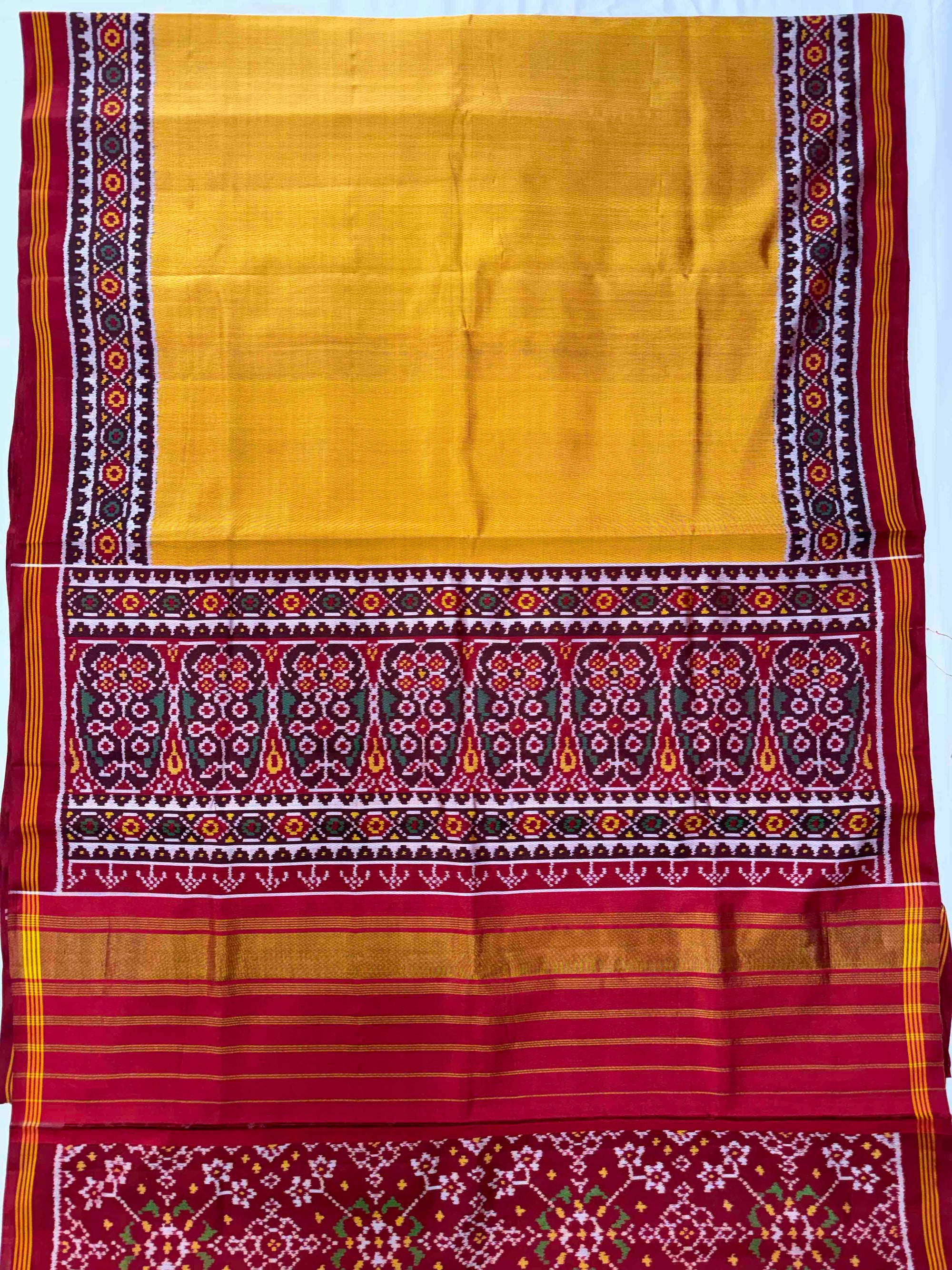 Musturd Yellow & Maroon Plain Gala Border Rajkot Ikat Patola Silk Saree