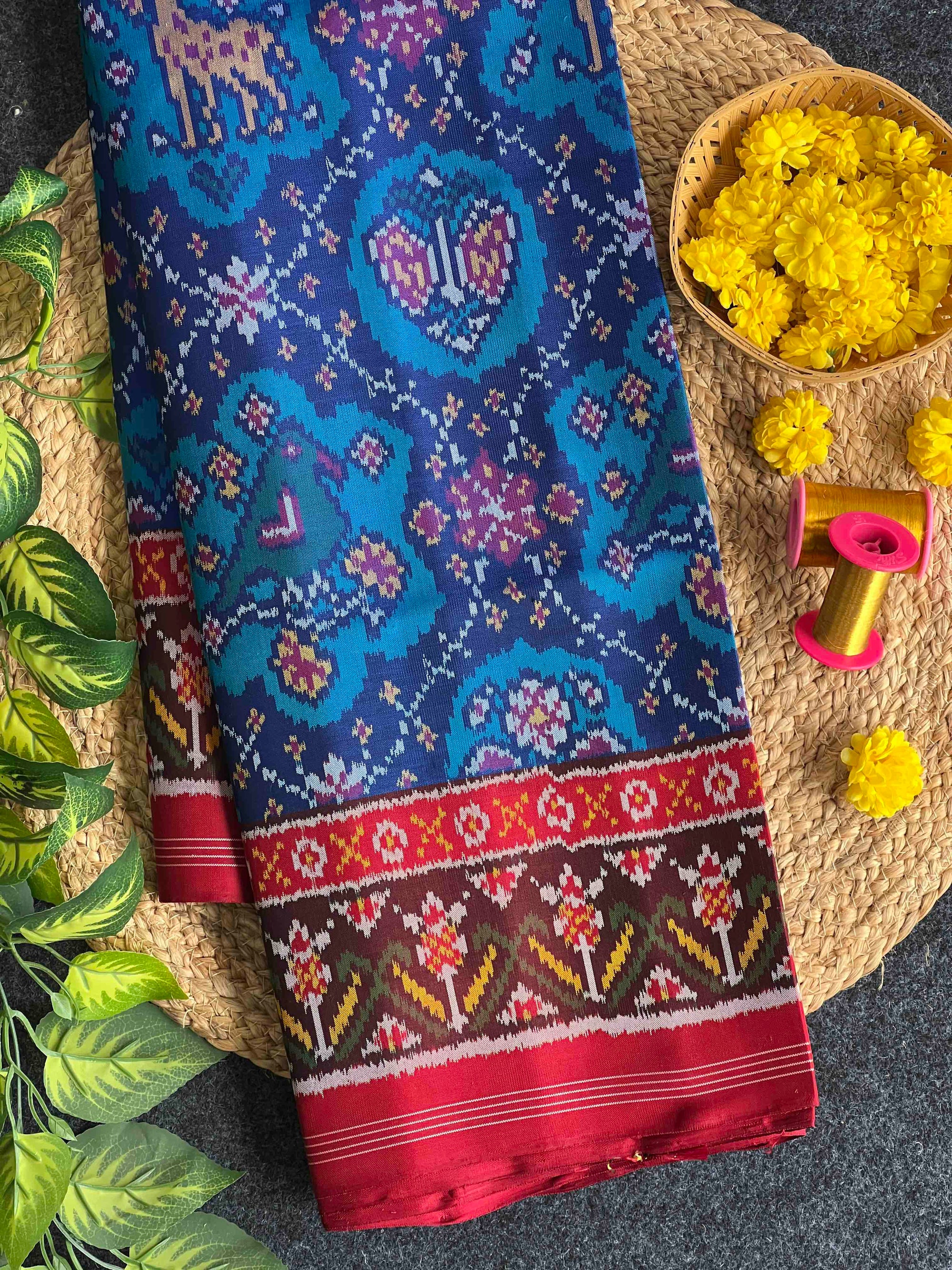 Blue & Red Big Motifs Hand Woven Rajkot Ikat Patola Silk Saree