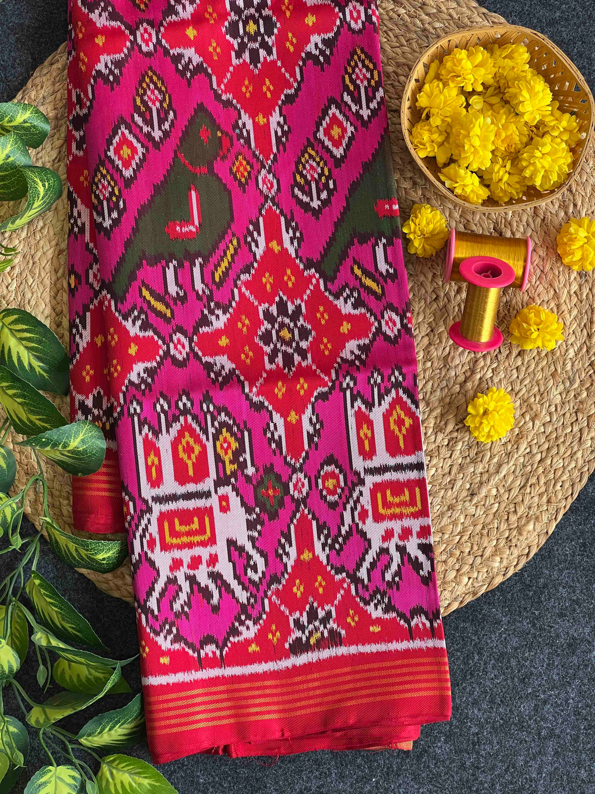 Pink With Red Multi Pallu Design Hand Woven Rajkot Twill Ikat Patola Silk Saree