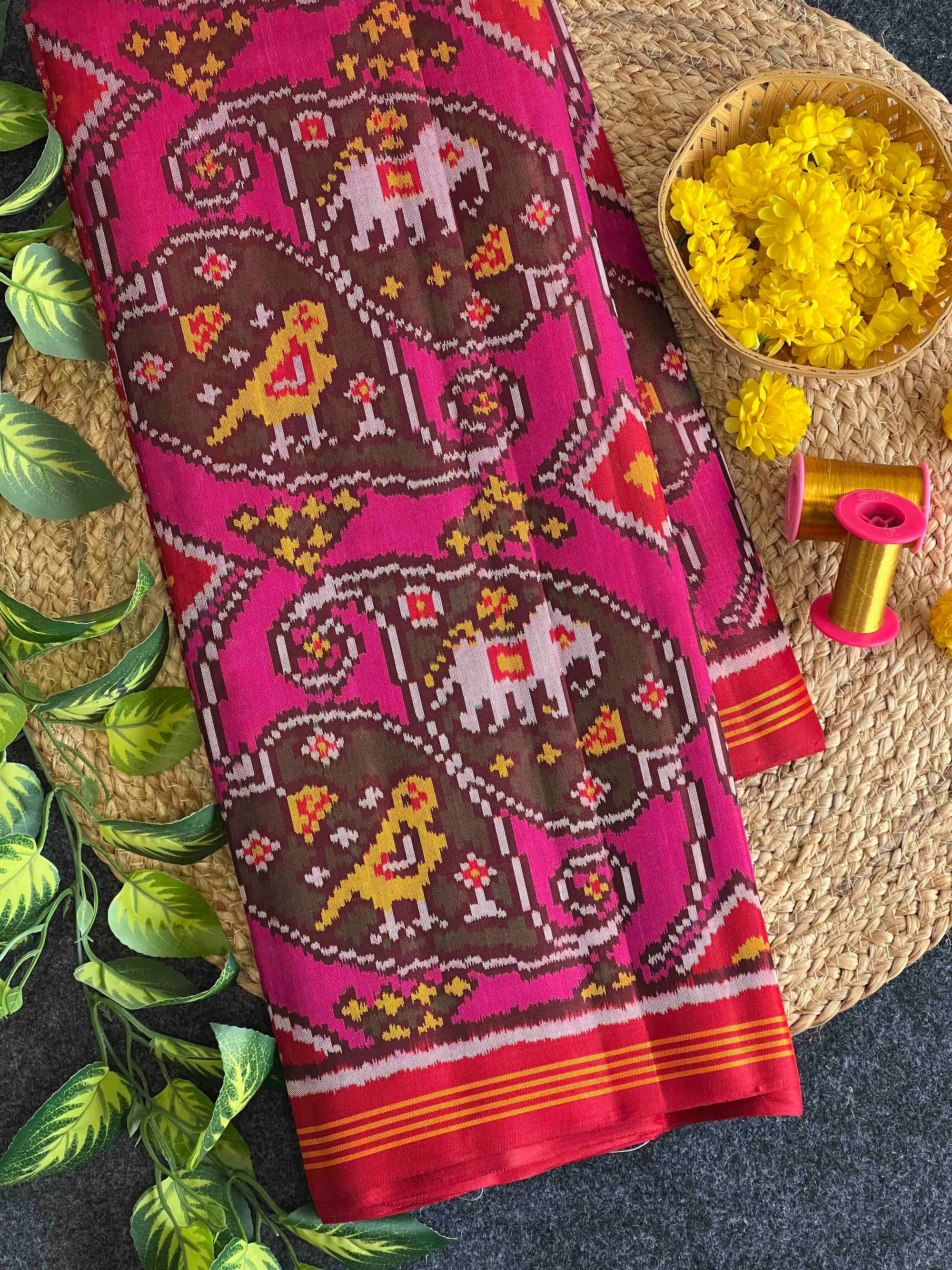 Pink And Red New Fancy Design Hand Woven Rajkot Ikat Patola Silk Saree