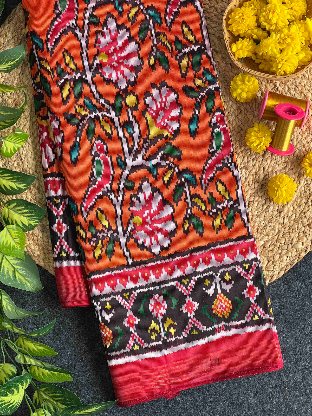Twill Ikat Fancy Orange With Red Color Hand Woven Patola Silk Saree