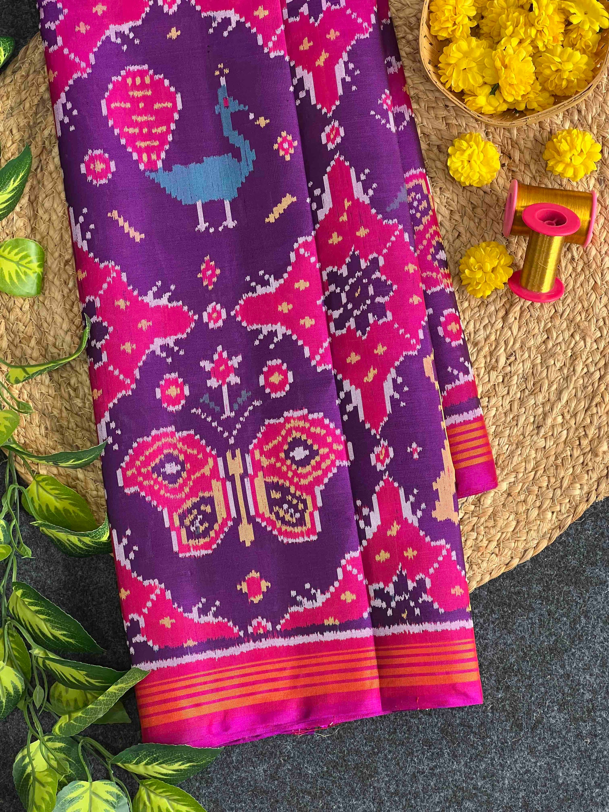Purple With Pink  Hand Woven Rajkot Ikat Patola Silk Saree