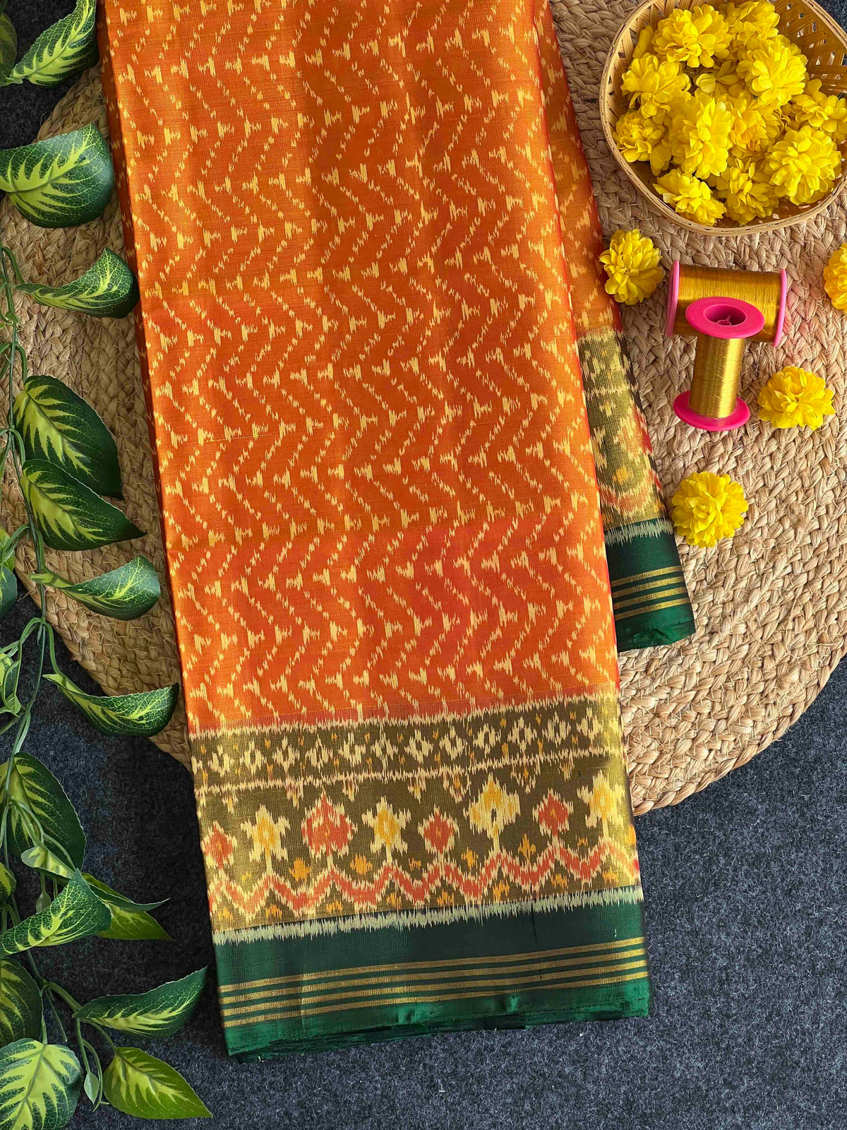 Yellow With Green Laheriya Design Hand Woven Rajkot Patola Silk Saree