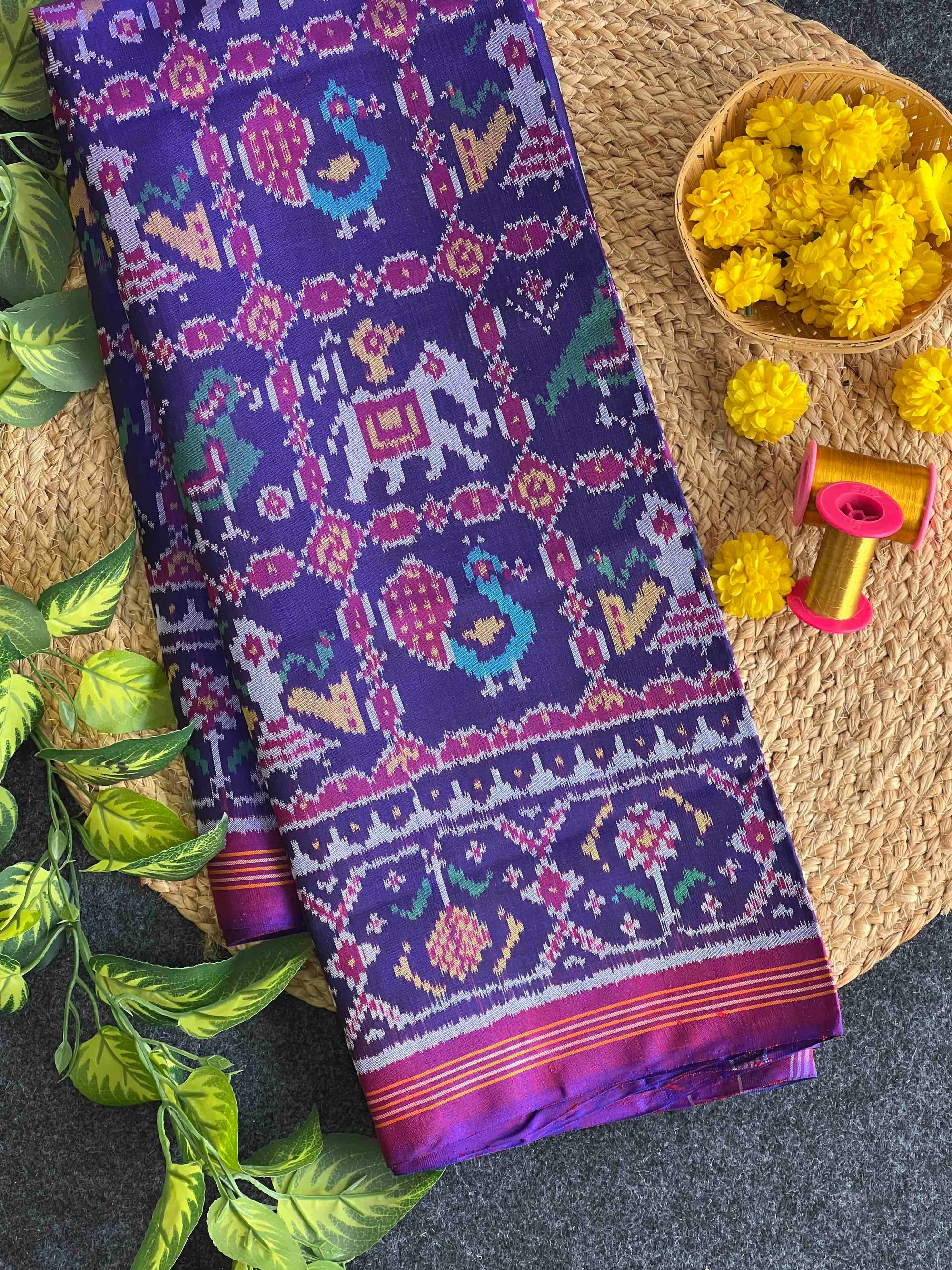 Full Blue Sakli Narikunj Design Hand Woven Rajkot Ikat Patola Silk Saree