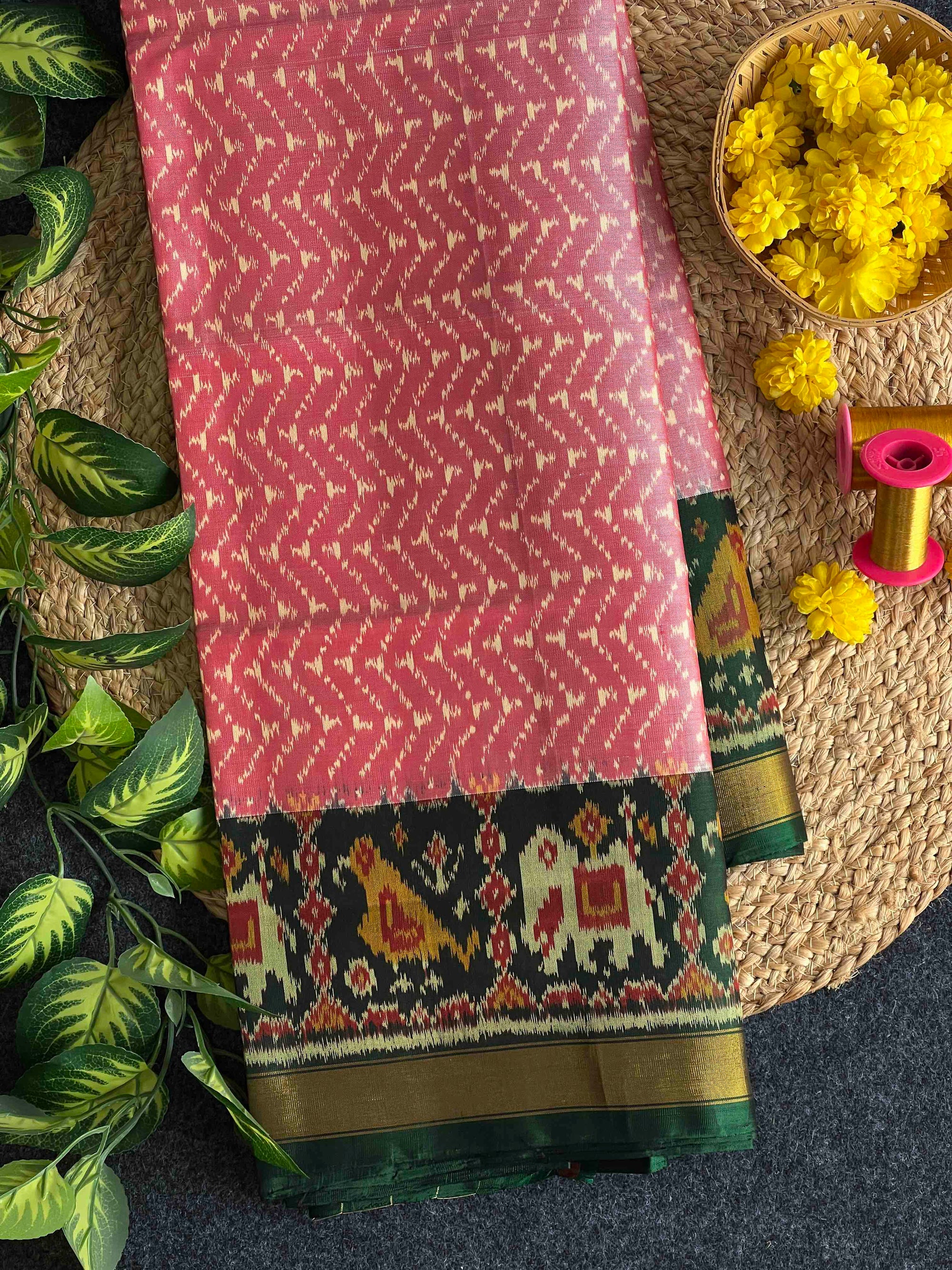 Light Pink & Green Hand Woven Rajkot Patola Silk Saree
