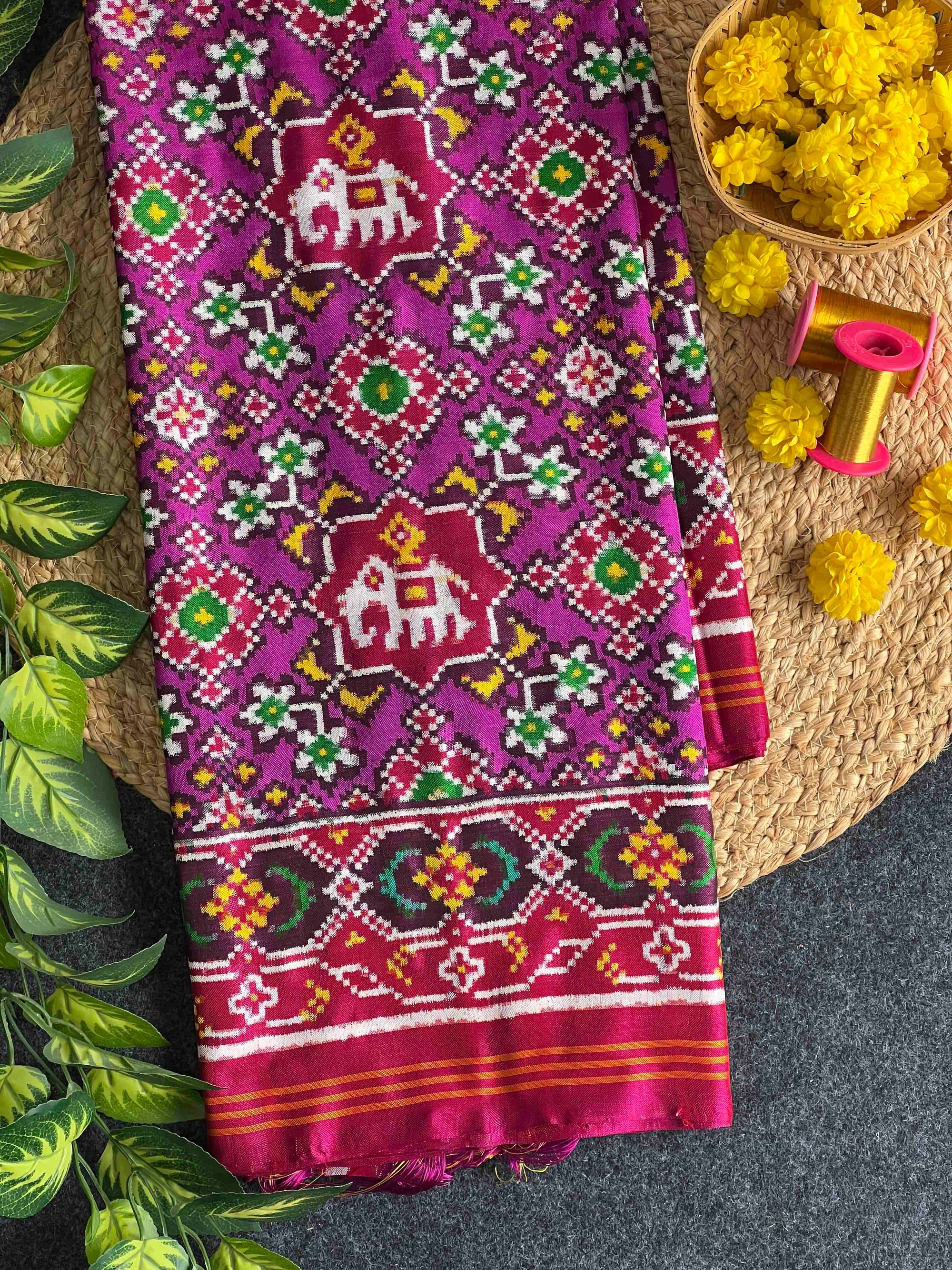 Pink And Purple Navratan Elephent Pure Hand Woven Double Ikat Patola Silk Saree