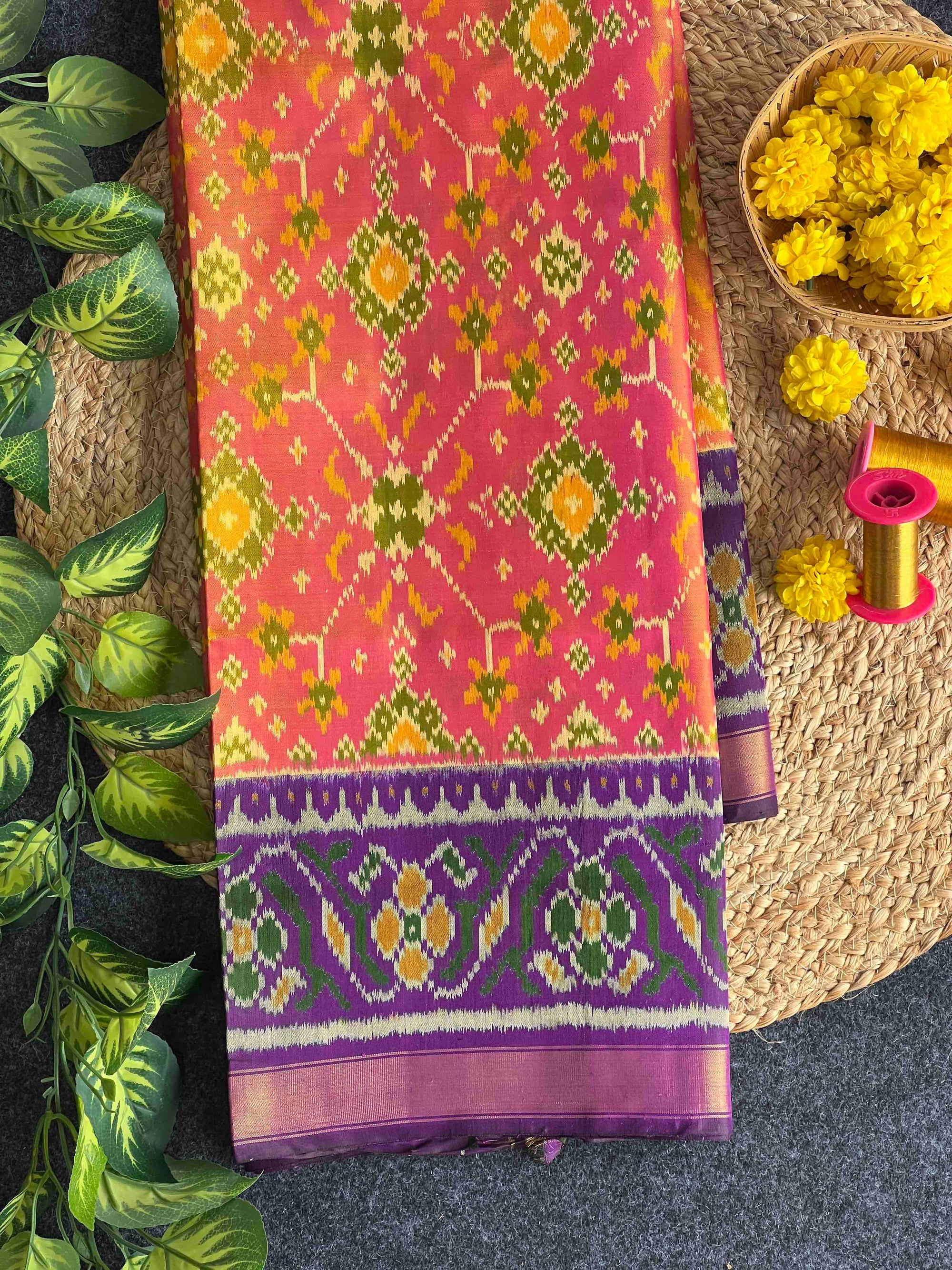 Piach With Purple Navratan Design Hand Woven Rajkot Patola Silk Saree