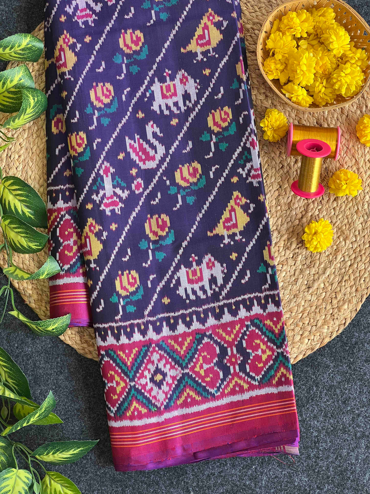Blue With Magenta Laheriya Design Hand Woven Rajkot Ikat Patola Silk Saree