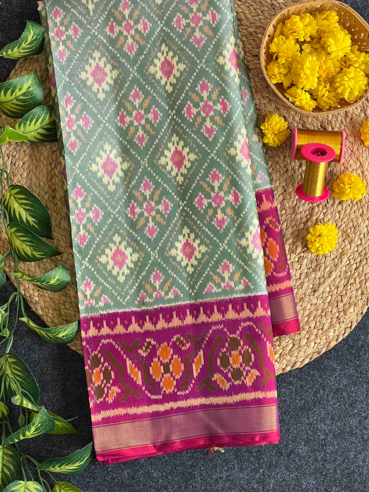 Light Green With Purple Navratan Design Hand Woven Rajkot Patola Silk Saree