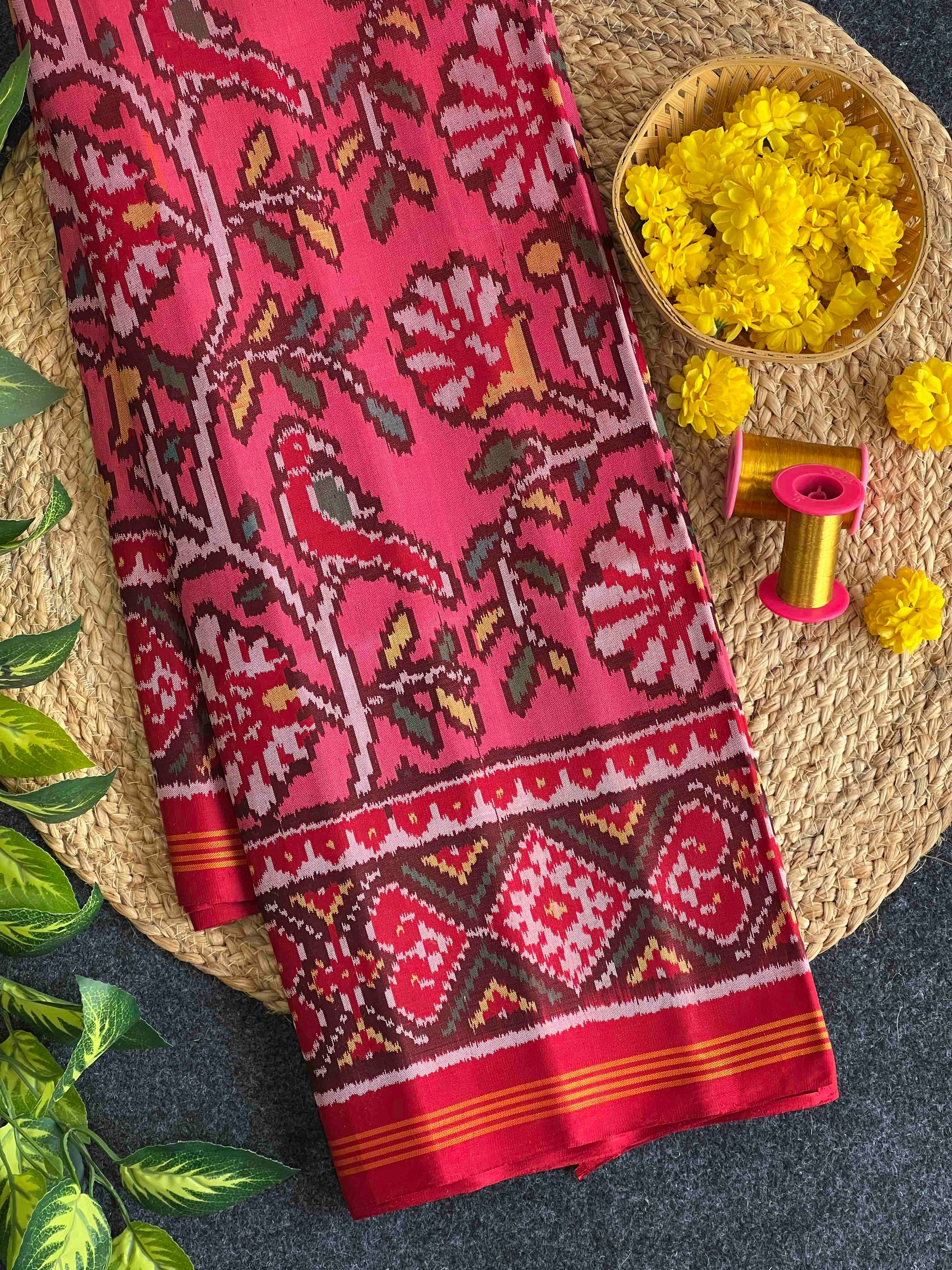 Baby Pink With Red Flower Design Hand Woven Rajkot Ikat Patola Silk Saree
